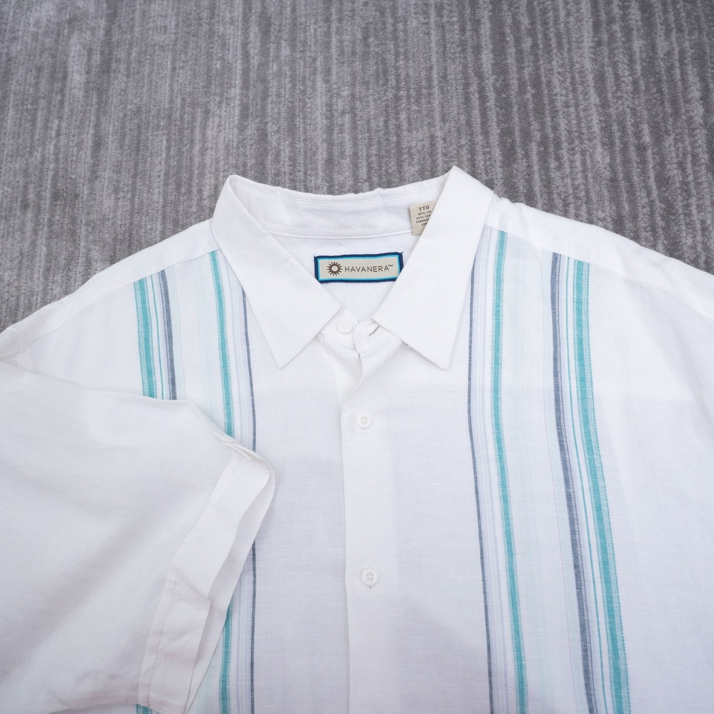 Havanera Mens XXL White Linen Blend Striped Short Sleeve Button Up Shirt
